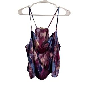 Open Edit Women Purple Abstract Painterly Cowl Neck Cami Spaghetti Strap Tank L